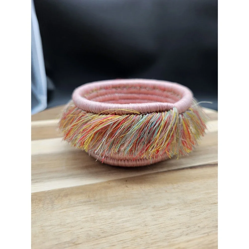 Handmade Woven Basket Small‎ Trinket Dish Pink Decor